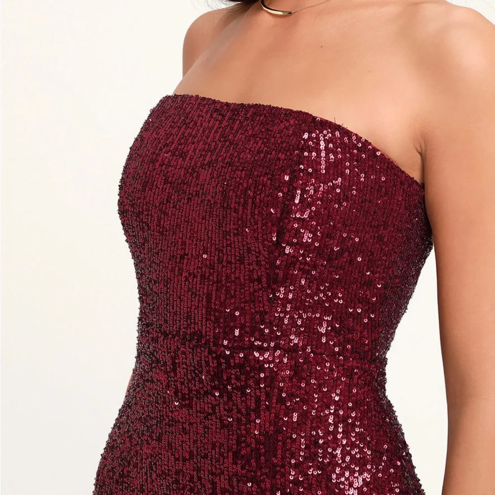 Lulu's Strapless Burgundy Sequin Dress - Picture 2 of 6